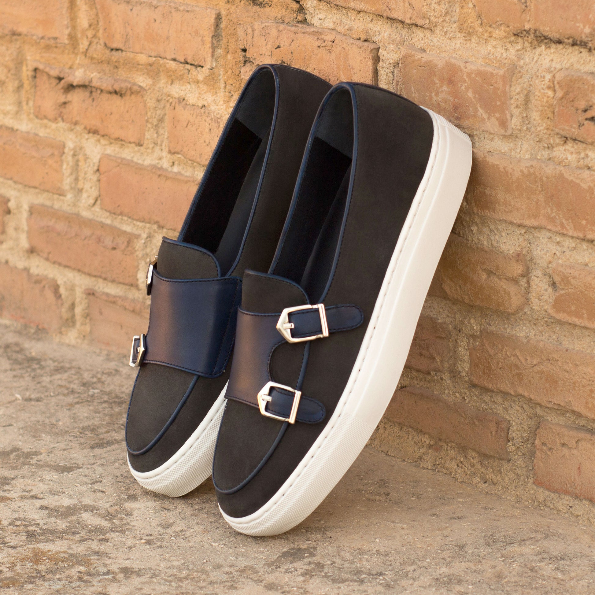 MONK TRAINER - GREY LUX SUEDE & NAVY LEATHER Model